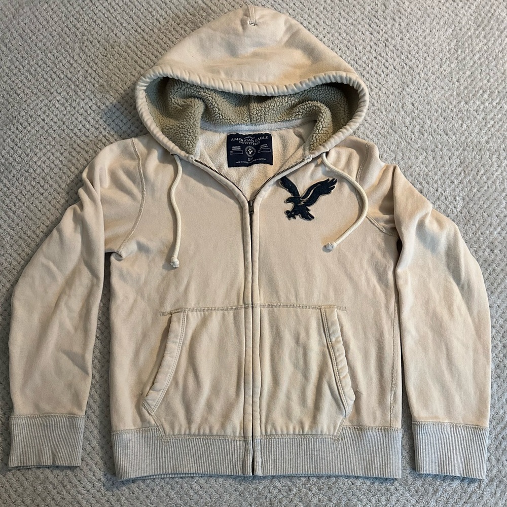American Eagle Hooded Zip-Up Jacket Cream Classic Cozy Eagle logo Mens Small